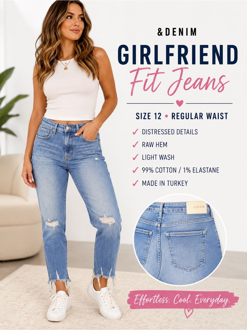 &Denim Girlfriend Fit Distressed Raw Hem Jeans Size 12